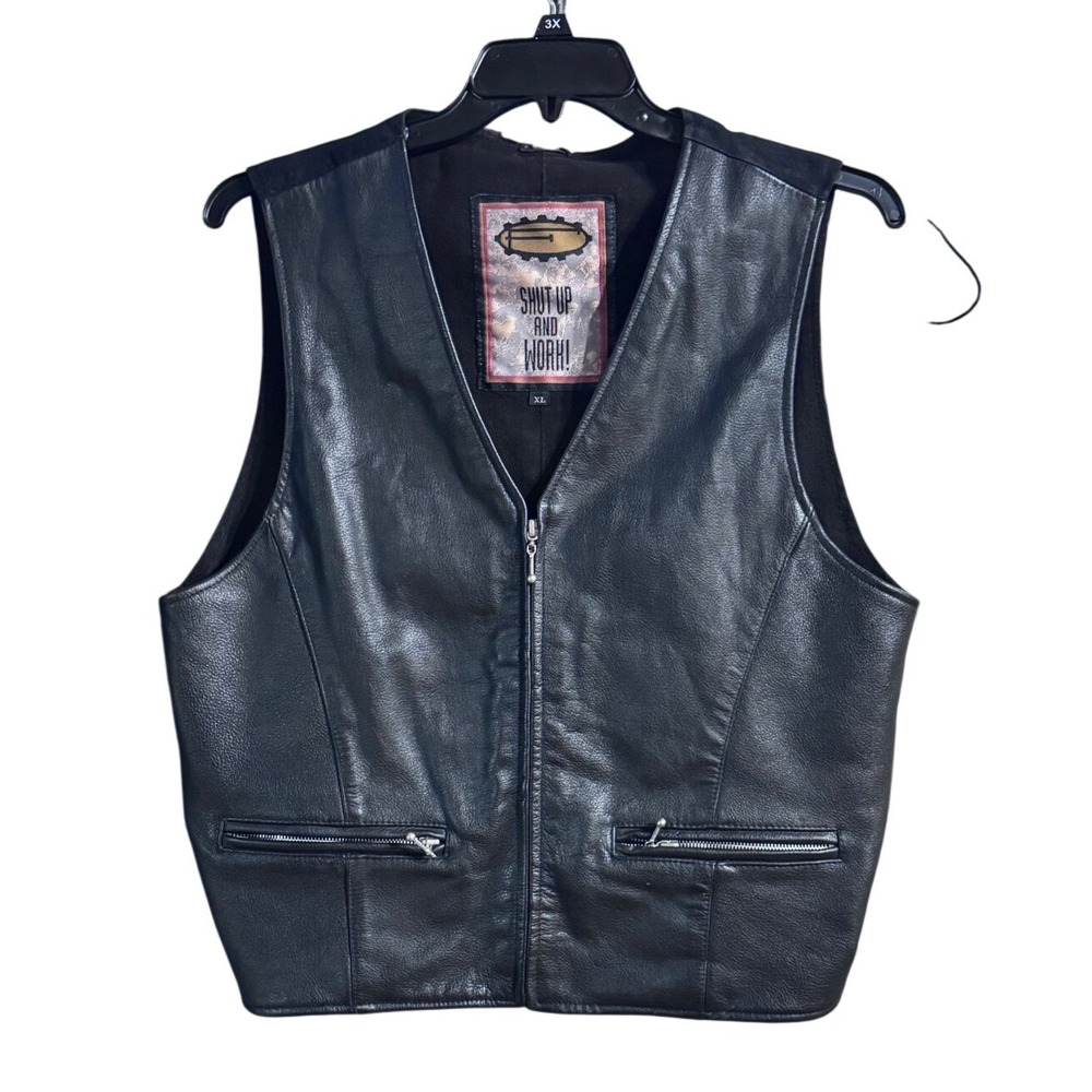 Genuine Leather Vest  Mens XL Black Western Biker Zip Front